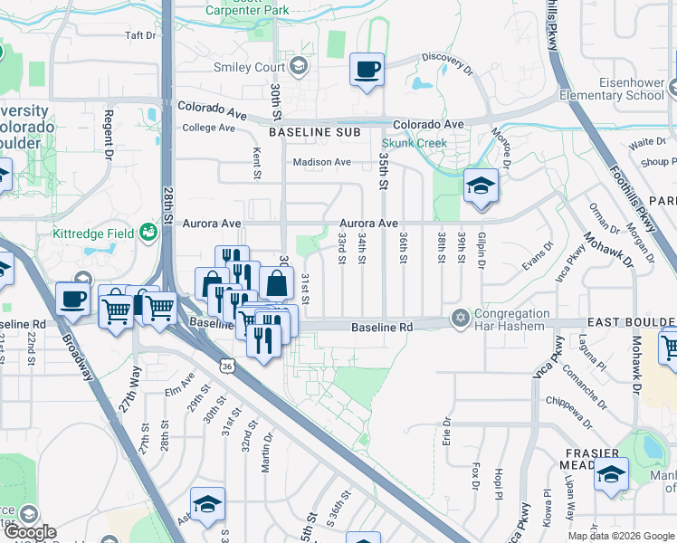map of restaurants, bars, coffee shops, grocery stores, and more near 785 33rd Street in Boulder