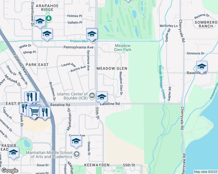 map of restaurants, bars, coffee shops, grocery stores, and more near 825 Racquet Lane in Boulder