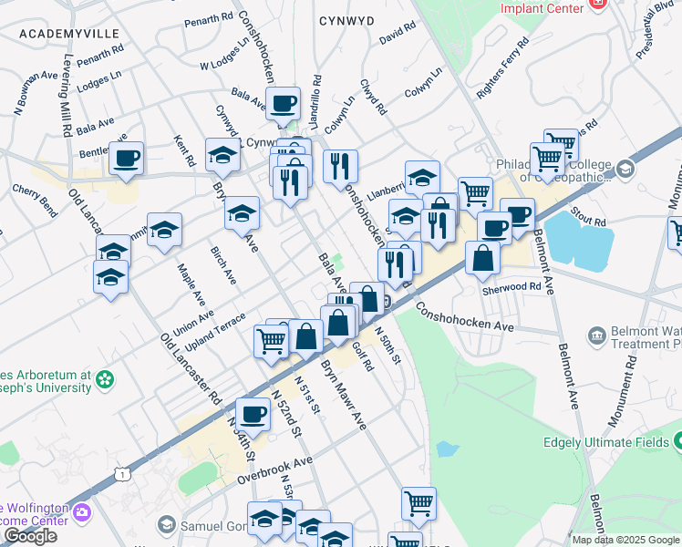 map of restaurants, bars, coffee shops, grocery stores, and more near 27 Bala Avenue in Bala Cynwyd