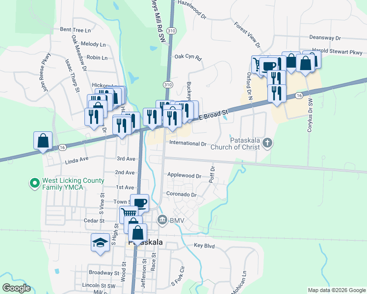 map of restaurants, bars, coffee shops, grocery stores, and more near 137 International Drive in Pataskala