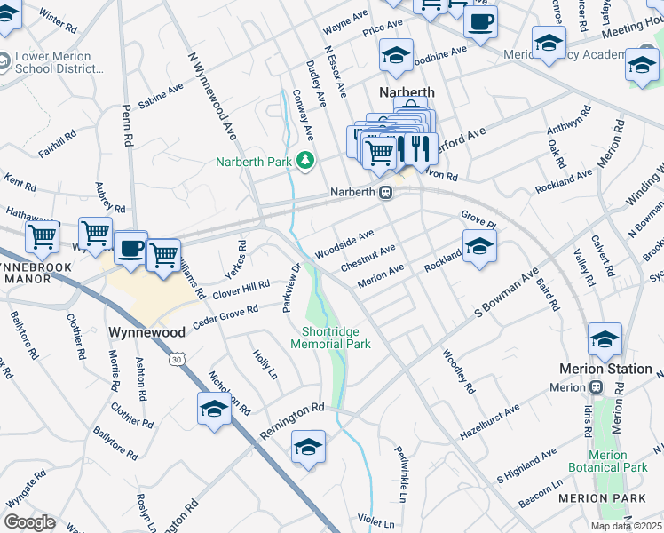 map of restaurants, bars, coffee shops, grocery stores, and more near 5 Chestnut Ave in Narberth
