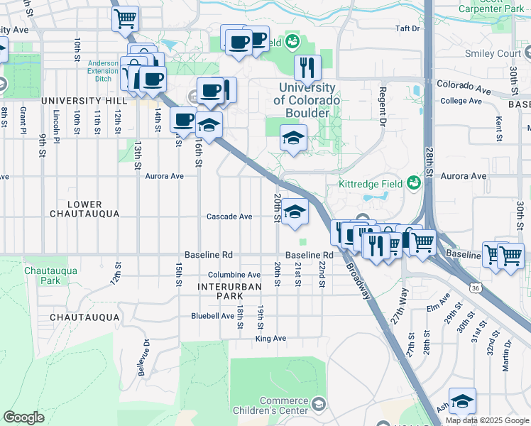 map of restaurants, bars, coffee shops, grocery stores, and more near in Boulder
