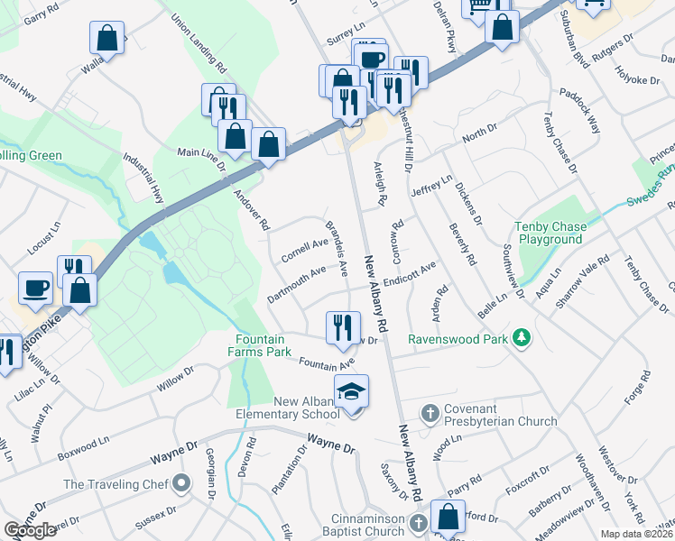 map of restaurants, bars, coffee shops, grocery stores, and more near 2301 Brandeis Avenue in Cinnaminson