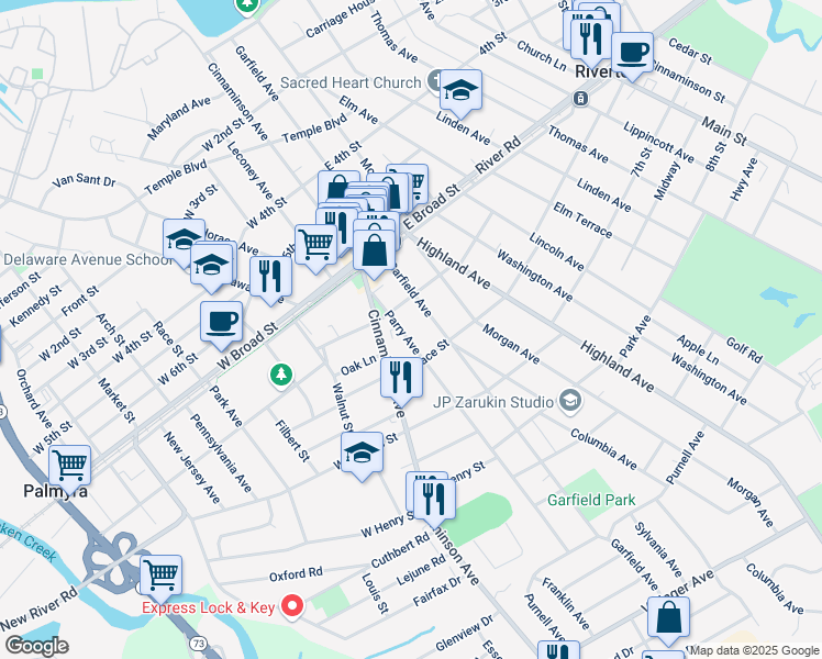 map of restaurants, bars, coffee shops, grocery stores, and more near 720 Parry Avenue in Palmyra