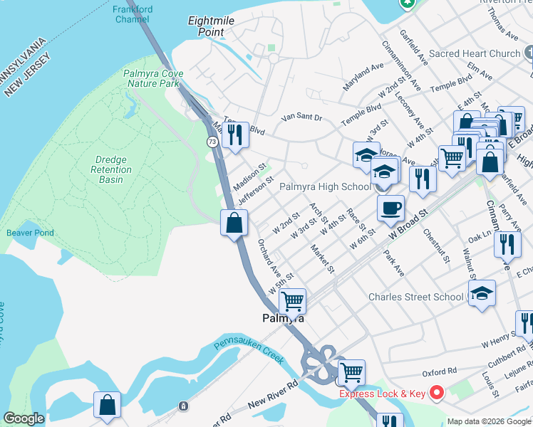 map of restaurants, bars, coffee shops, grocery stores, and more near 611 Front Street in Palmyra