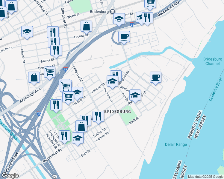map of restaurants, bars, coffee shops, grocery stores, and more near 4612 East Thompson Street in Philadelphia