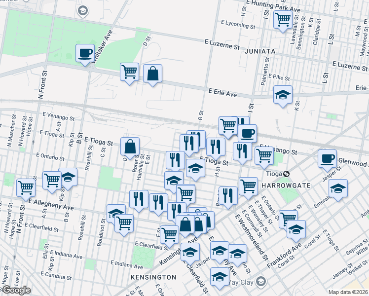 map of restaurants, bars, coffee shops, grocery stores, and more near 727 East Atlantic Street in Philadelphia