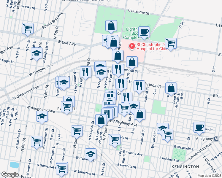 map of restaurants, bars, coffee shops, grocery stores, and more near 3411 Hope Street in Philadelphia
