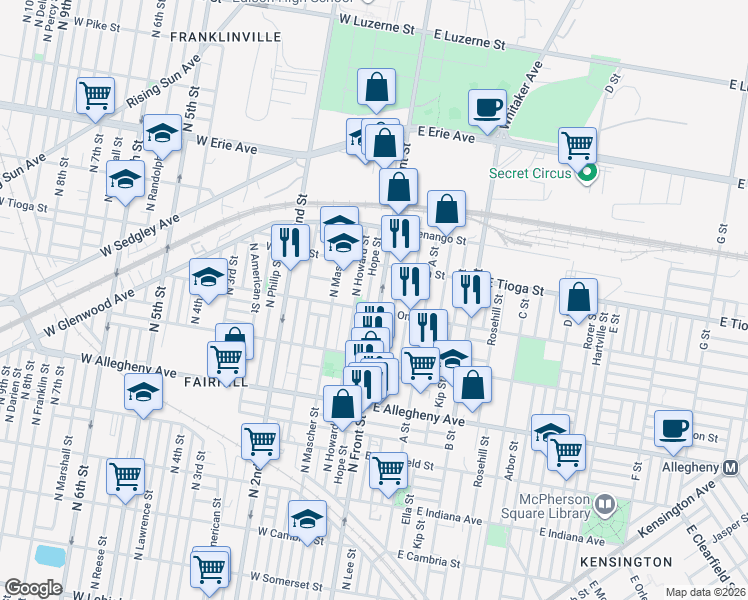 map of restaurants, bars, coffee shops, grocery stores, and more near 3411 Hope Street in Philadelphia