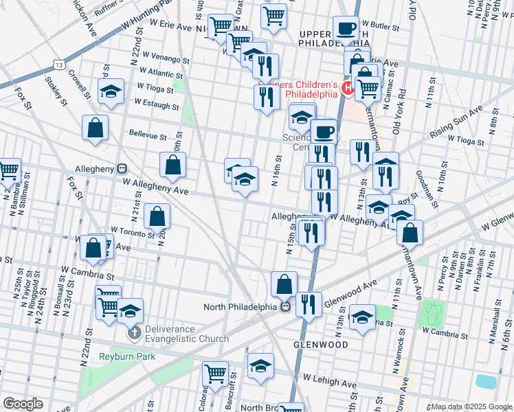 map of restaurants, bars, coffee shops, grocery stores, and more near 1604 West Allegheny Avenue in Philadelphia