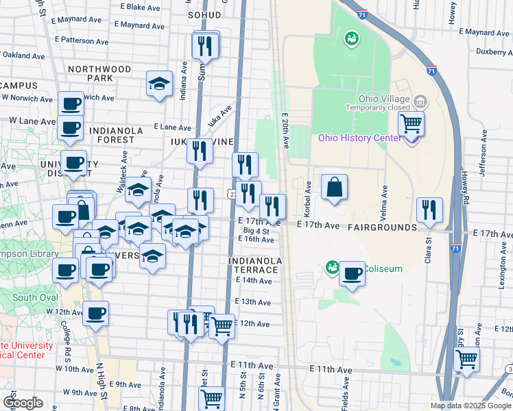 map of restaurants, bars, coffee shops, grocery stores, and more near 439 East 18th Avenue in Columbus