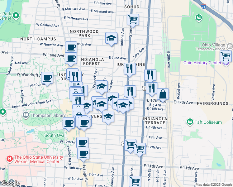 map of restaurants, bars, coffee shops, grocery stores, and more near 218 East 17th Avenue in Columbus