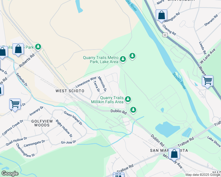 map of restaurants, bars, coffee shops, grocery stores, and more near 3114 Menzola Drive in Columbus