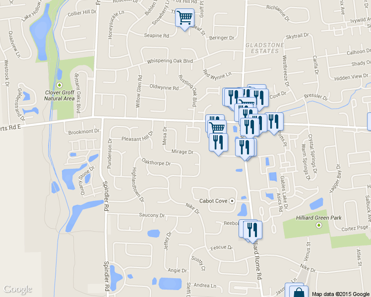 map of restaurants, bars, coffee shops, grocery stores, and more near 5468 Mirage Drive in Hilliard