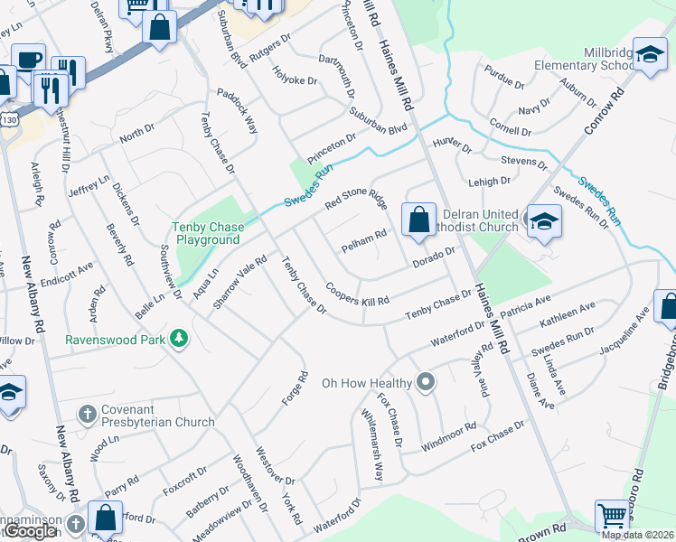 map of restaurants, bars, coffee shops, grocery stores, and more near 139 Dorado Drive in Delran