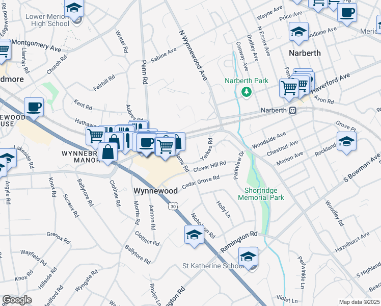map of restaurants, bars, coffee shops, grocery stores, and more near 25 Yerkes Road in Wynnewood