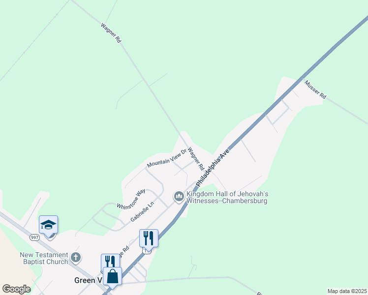 map of restaurants, bars, coffee shops, grocery stores, and more near 6261 Mountain View Drive in Chambersburg