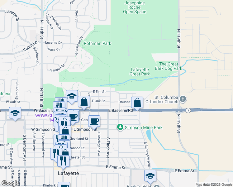 map of restaurants, bars, coffee shops, grocery stores, and more near 702 Excelsior Place in Lafayette