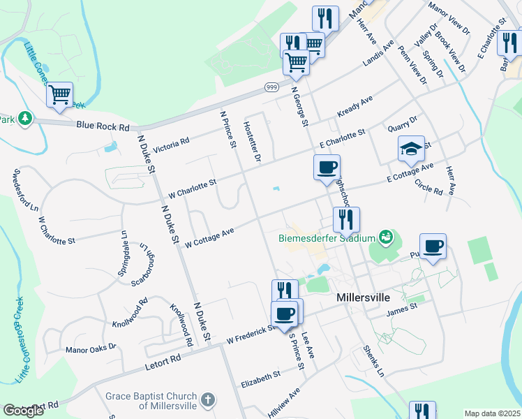 map of restaurants, bars, coffee shops, grocery stores, and more near 310 North Prince Street in Lancaster