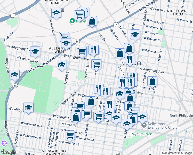 map of restaurants, bars, coffee shops, grocery stores, and more near 3045 North 26th Street in Philadelphia