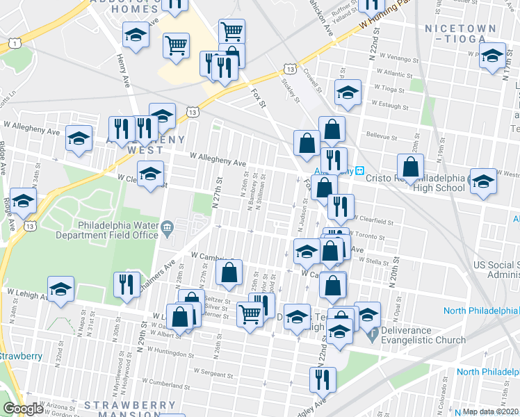 map of restaurants, bars, coffee shops, grocery stores, and more near 3055 North Stillman Street in Philadelphia