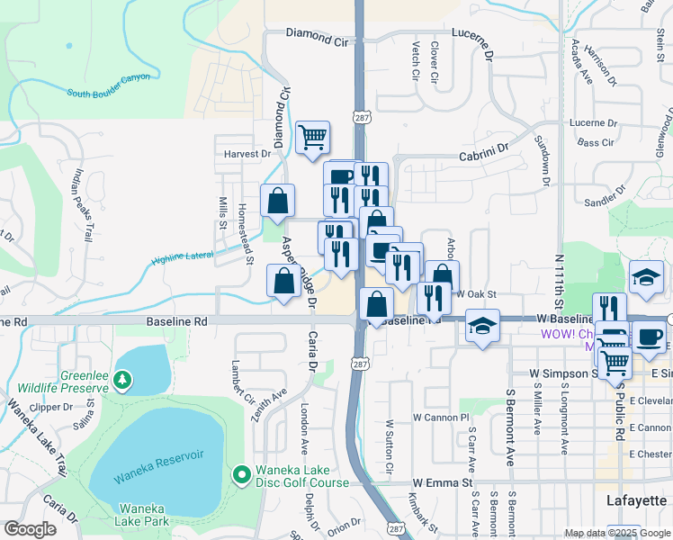 map of restaurants, bars, coffee shops, grocery stores, and more near 399 U.S. 287 in Lafayette
