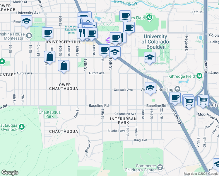 map of restaurants, bars, coffee shops, grocery stores, and more near 805 16th Street in Boulder