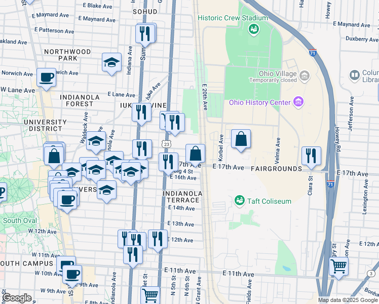 map of restaurants, bars, coffee shops, grocery stores, and more near 433 East 18th Avenue in Columbus