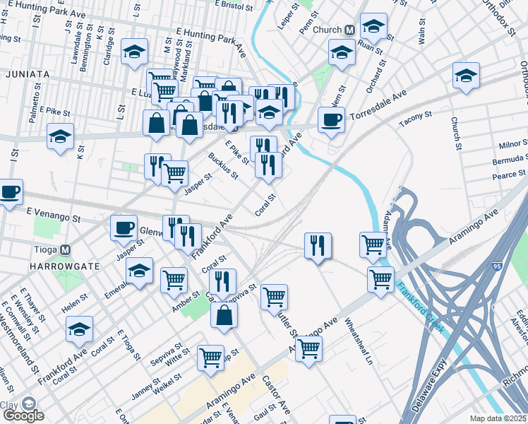 map of restaurants, bars, coffee shops, grocery stores, and more near 3831 Coral Street in Philadelphia