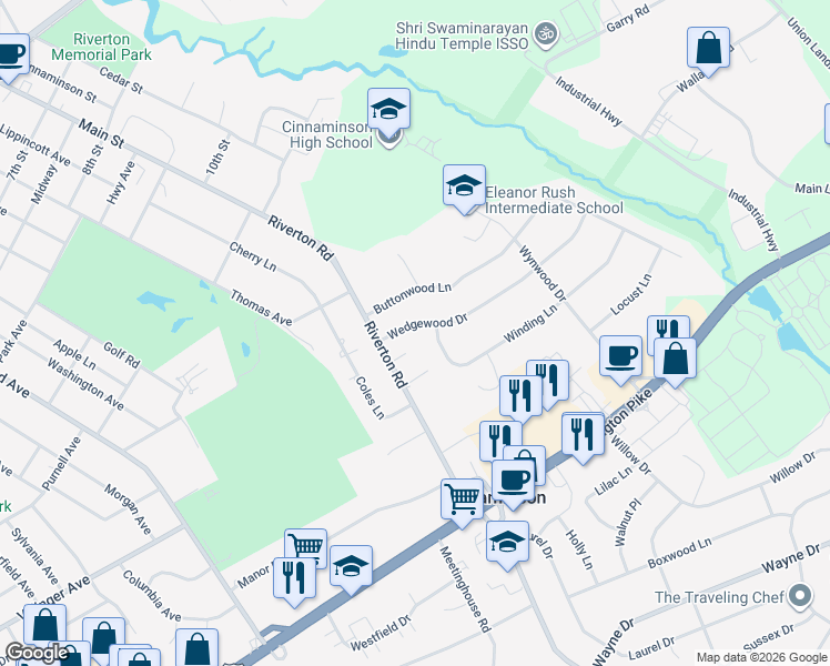 map of restaurants, bars, coffee shops, grocery stores, and more near 50 Wedgewood Drive in Cinnaminson