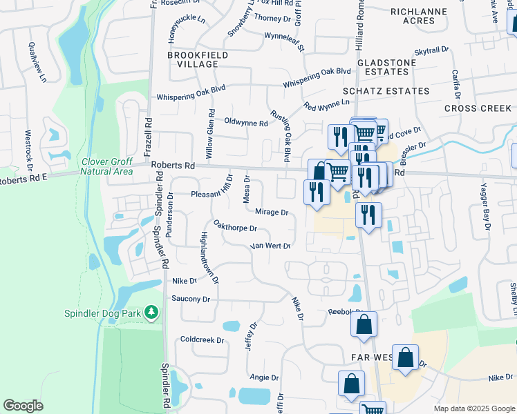 map of restaurants, bars, coffee shops, grocery stores, and more near 2483 Pressman Drive in Hilliard