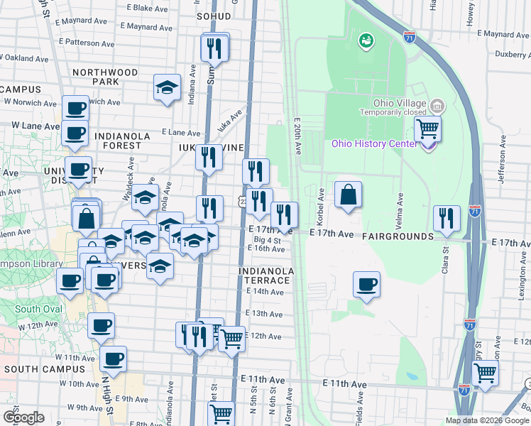 map of restaurants, bars, coffee shops, grocery stores, and more near 411 East 18th Avenue in Columbus