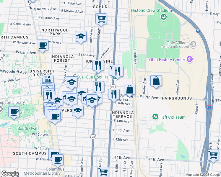 map of restaurants, bars, coffee shops, grocery stores, and more near 1897 North 4th Street in Columbus