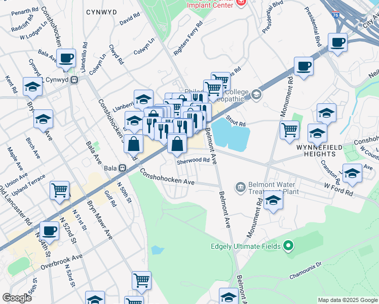 map of restaurants, bars, coffee shops, grocery stores, and more near 4504 Overbrook Avenue in Philadelphia