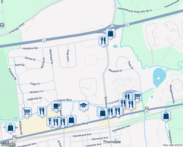 map of restaurants, bars, coffee shops, grocery stores, and more near 228 Thornridge Drive in Thorndale