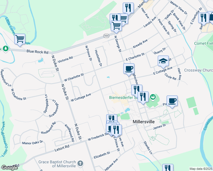 map of restaurants, bars, coffee shops, grocery stores, and more near 65 West Cottage Avenue in Millersville