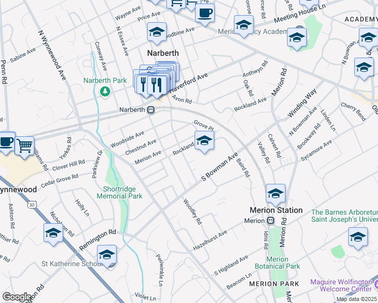 map of restaurants, bars, coffee shops, grocery stores, and more near 501 South Narberth Avenue in Merion Station