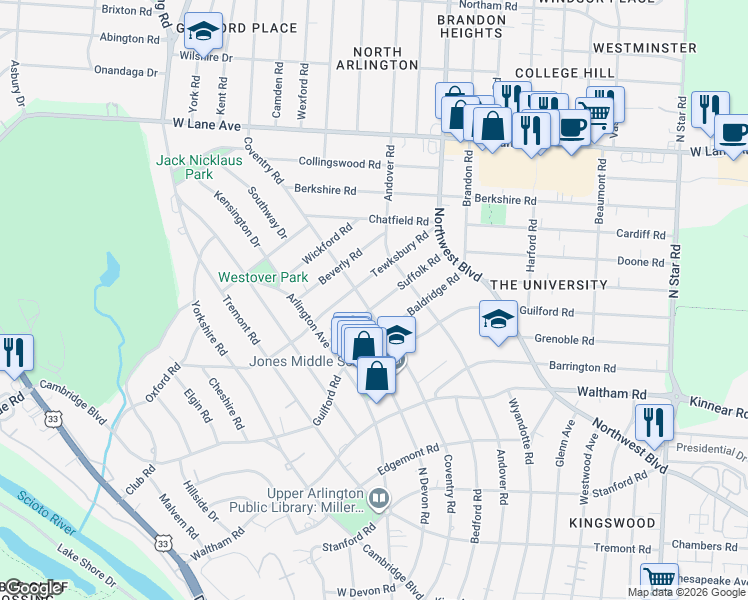 map of restaurants, bars, coffee shops, grocery stores, and more near 1938 Suffolk Road in Columbus