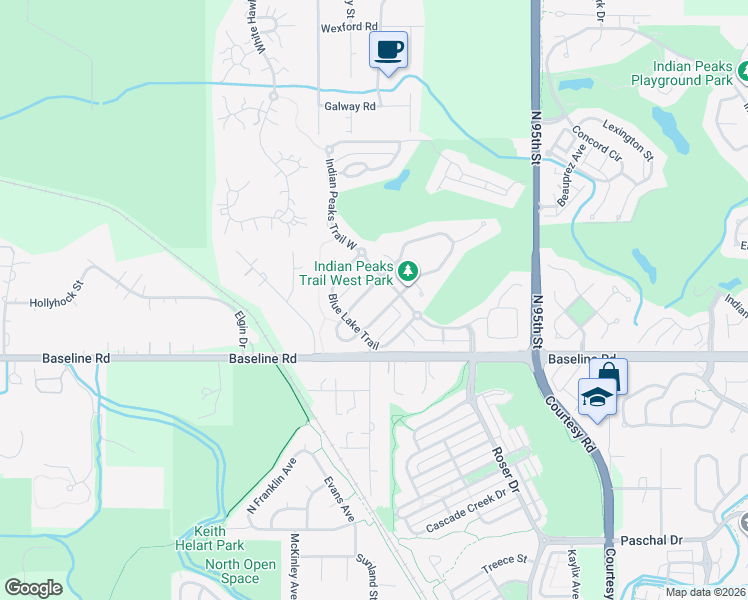 map of restaurants, bars, coffee shops, grocery stores, and more near 3025 Shoshone Trail in Lafayette