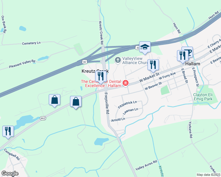 map of restaurants, bars, coffee shops, grocery stores, and more near 1253 West Market Street in York