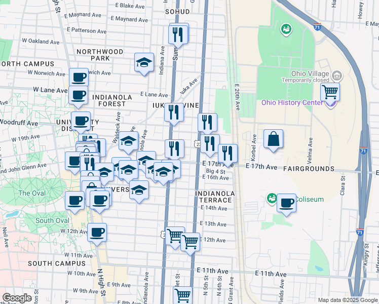 map of restaurants, bars, coffee shops, grocery stores, and more near 331 East 18th Avenue in Columbus