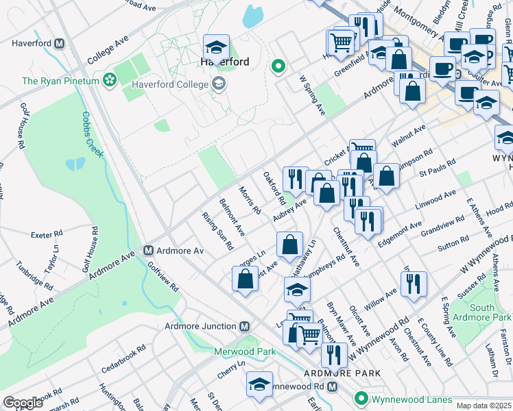map of restaurants, bars, coffee shops, grocery stores, and more near 2921 Morris Road in Ardmore