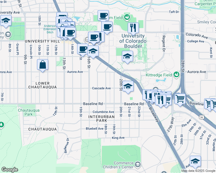 map of restaurants, bars, coffee shops, grocery stores, and more near 802 18th Street in Boulder