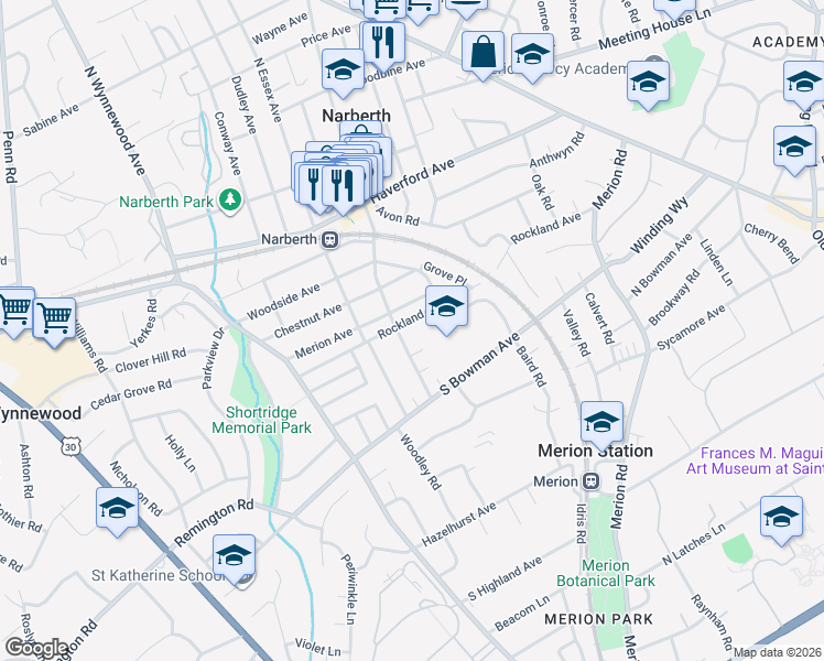 map of restaurants, bars, coffee shops, grocery stores, and more near 501 South Narberth Avenue in Merion Station