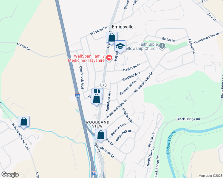 map of restaurants, bars, coffee shops, grocery stores, and more near 2601 Northland Avenue in York