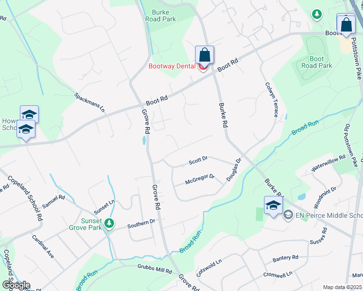 map of restaurants, bars, coffee shops, grocery stores, and more near 487 Stewart Drive in West Chester