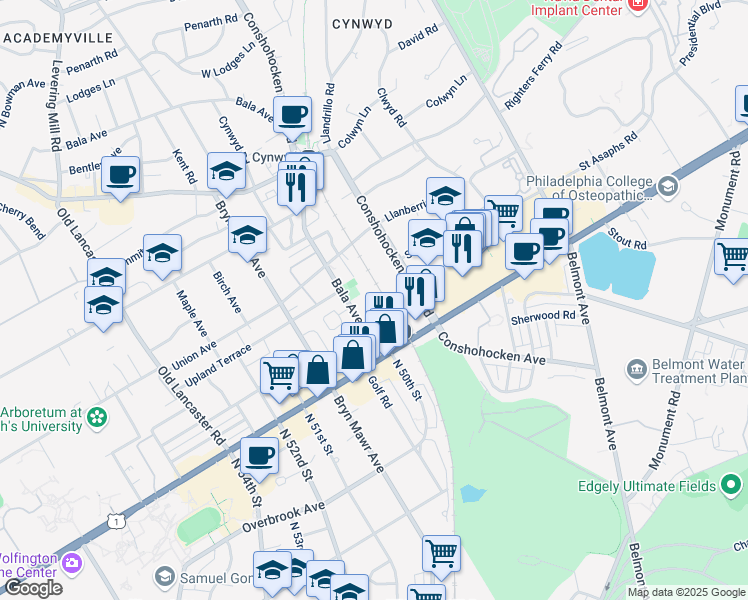 map of restaurants, bars, coffee shops, grocery stores, and more near 27 Bala Avenue in Bala Cynwyd