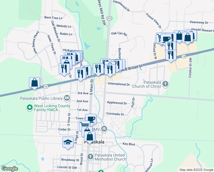 map of restaurants, bars, coffee shops, grocery stores, and more near 60 Willow Street in Pataskala