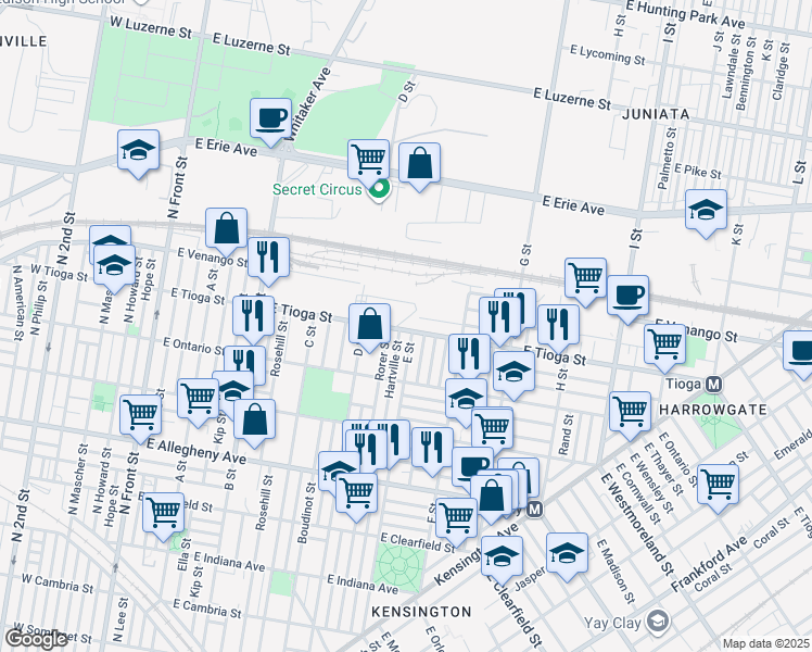 map of restaurants, bars, coffee shops, grocery stores, and more near 559 East Tioga Street in Philadelphia