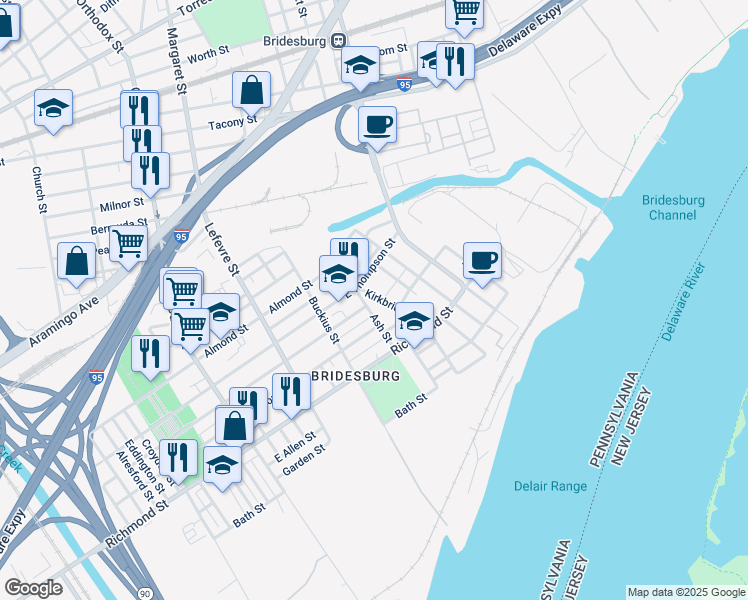 map of restaurants, bars, coffee shops, grocery stores, and more near 2722 Kirkbride Street in Philadelphia
